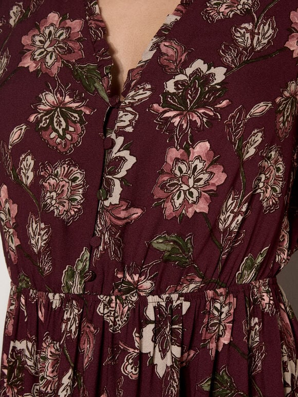 Folk Floral Mini Dress, Burgundy, large