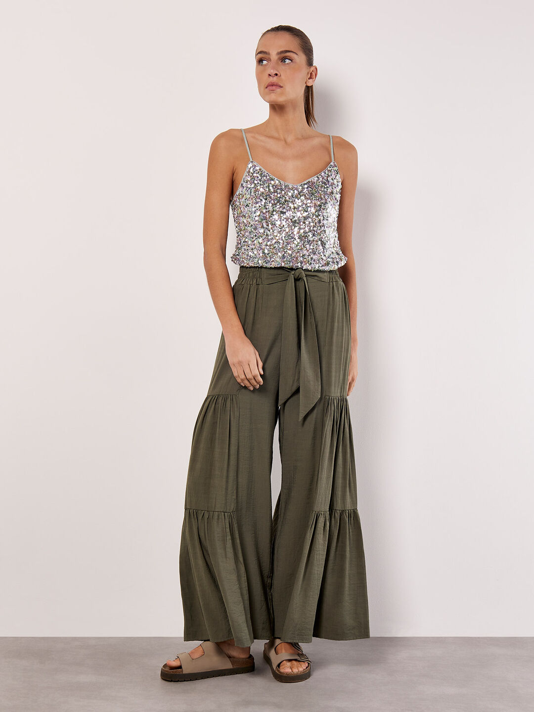 Image of Tiered Wide-Leg Woven Trousers
