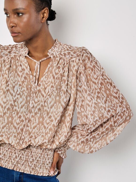 Ikat Swirl Shimmer Chiffon Top, Stone, large
