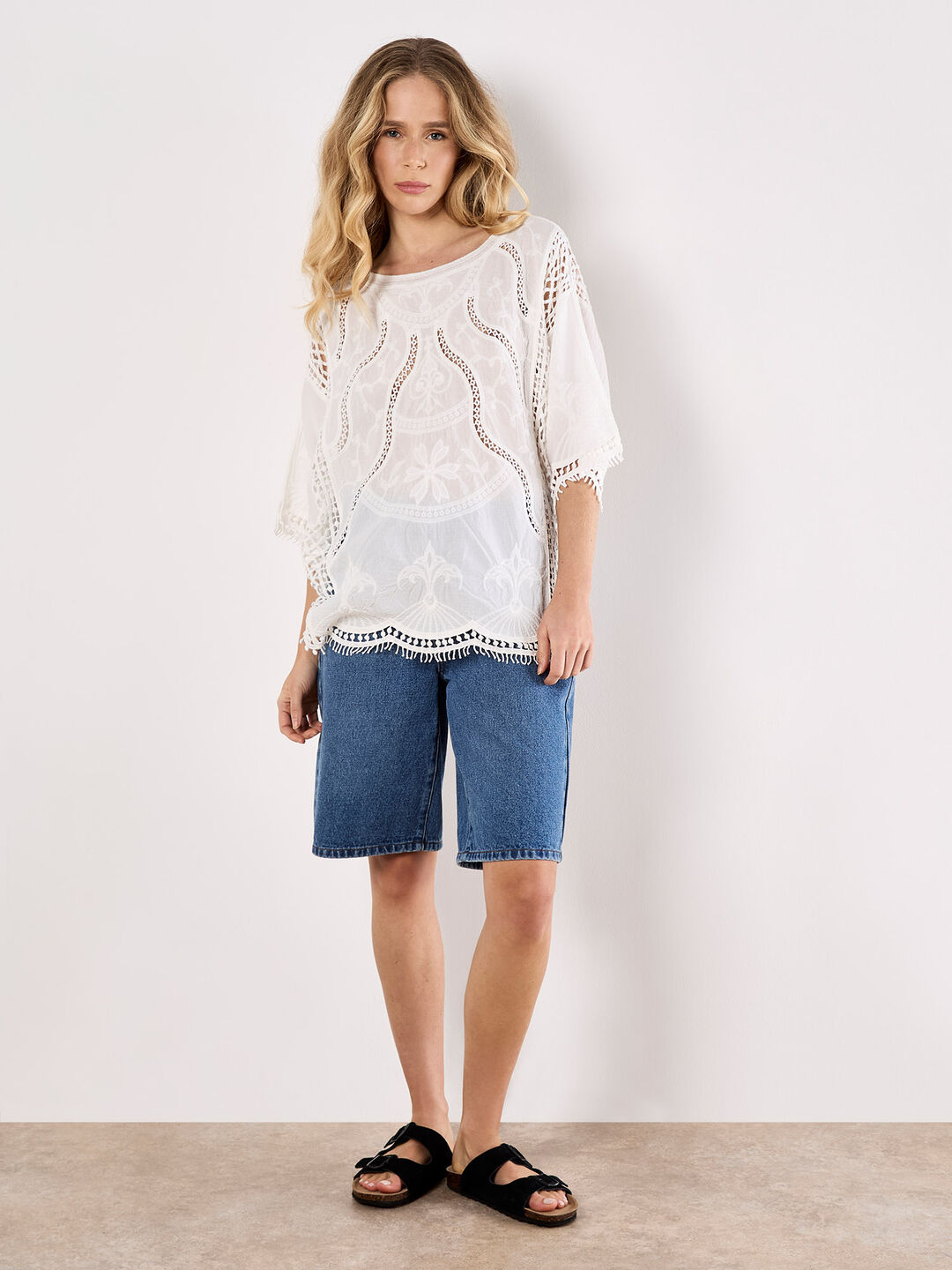Cotton Blend Crochet Embroidered Top