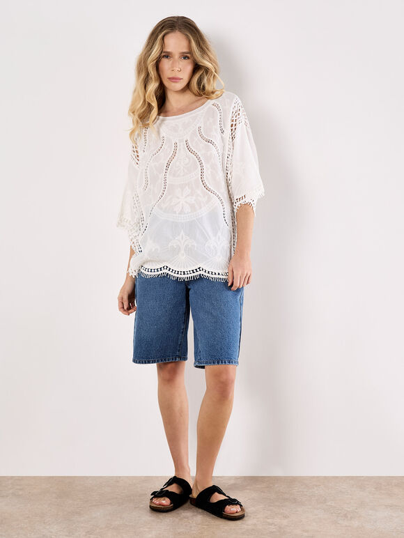 Cotton Blend Crochet Embroidered Top, White, large