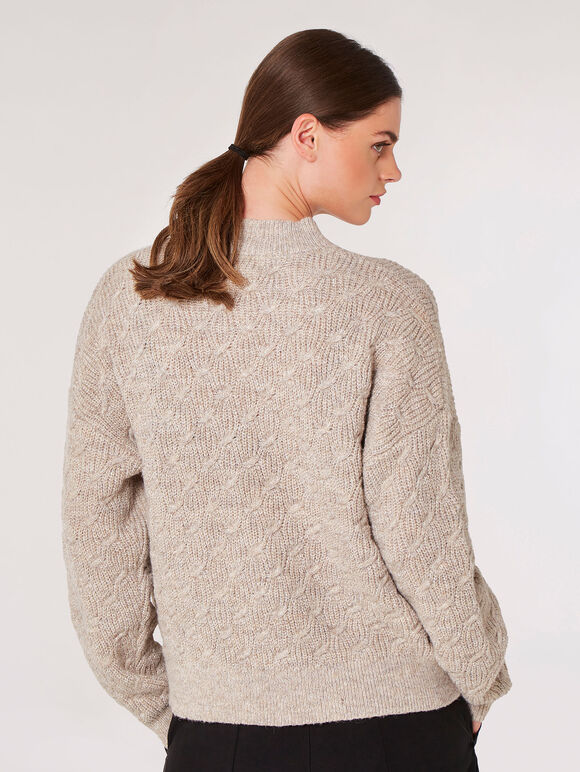 Plaited Knit Mock Neck Jumper, Stone, large