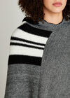 Black Monochrome Striped Hooded Poncho, Black, large