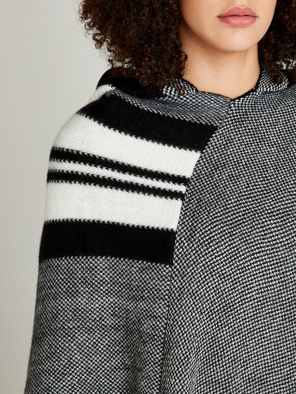 Black Monochrome Striped Hooded Poncho, Black, large