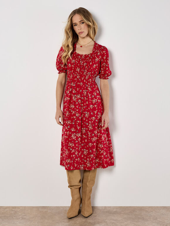Ditsy Floral Milkmaid Midi Dress, Red, large