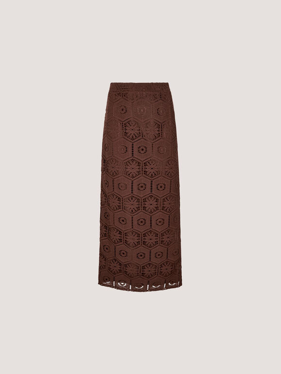 Crochet Lace Side Split Maxi Skirt, Brown, large