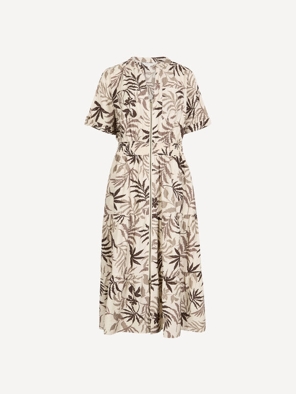 Tropical Leaf Zip-Down Midi Dress, Stone, large