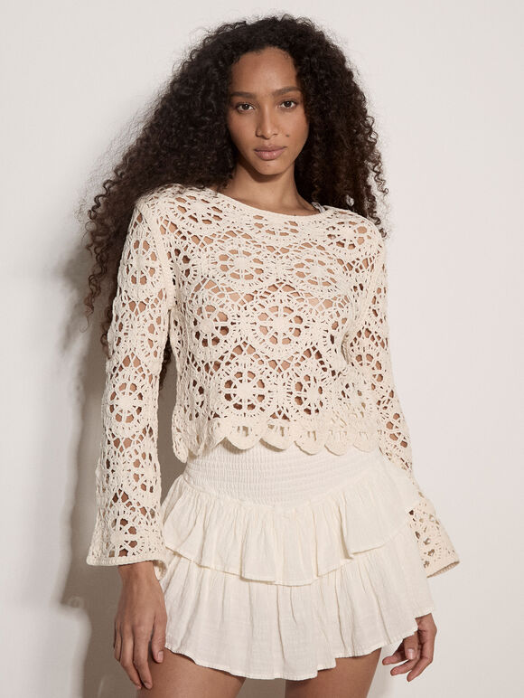 Boho Floral Cotton Crochet Top, Stone, large