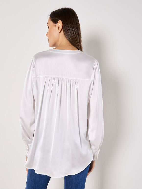 Balloon Sleeve Satin Blouse, White, large