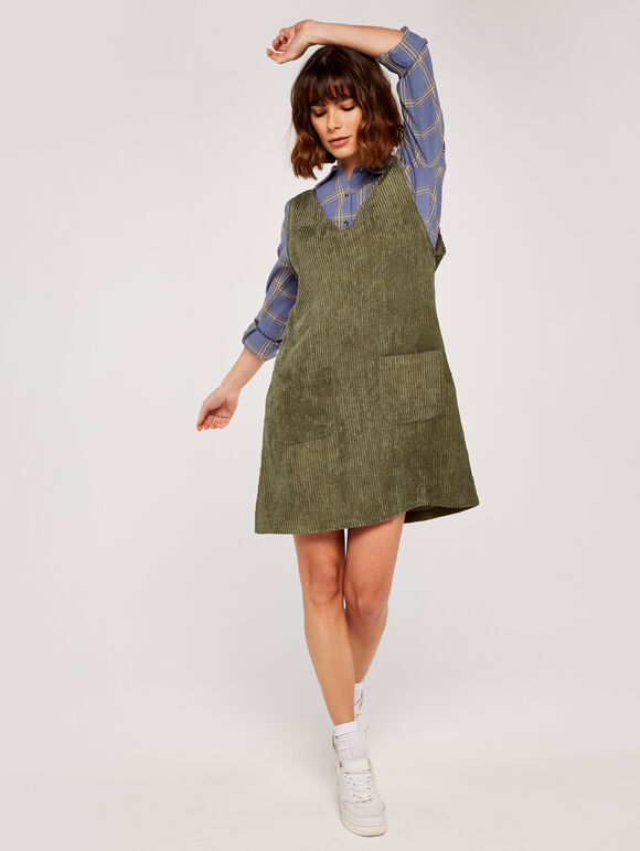 Corduroy 2 Pocket Pinafore Dress, Khaki, large