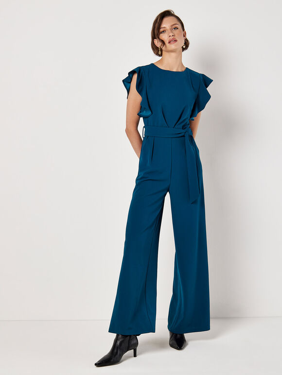 Ruffle Sleeve Jersey Jumpsuit, Teal, large