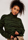 Zebra Drawstring Roll Neck Jumper, Green, large