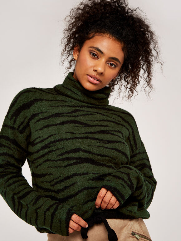 Zebra Drawstring Roll Neck Jumper, Green, large