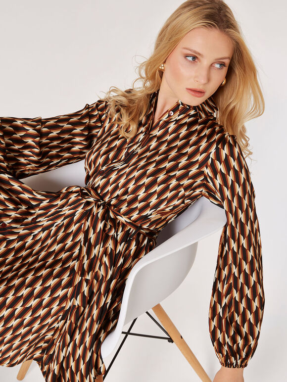 Geometric Satin Shirt Mini Dress, Rust, large
