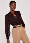 Folk Leaf Tie Neck Cuff Sleeve Top, Burgundy, large