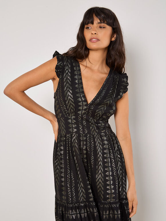 Metallic Embroidered Maxi Dress, Black, large