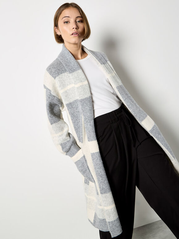Stripe Colour Block Long Cardigan, Light Grey / Silver, large