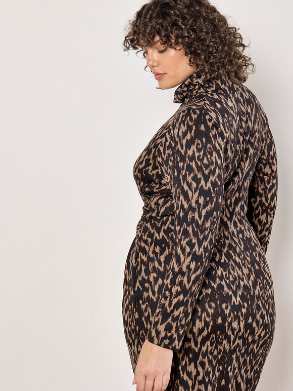 Curve Abstract Print Soft Knit Midi Dress, Brown, large