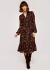 Paisley Long Sleeve Ruffle Midi Dress, Black, large