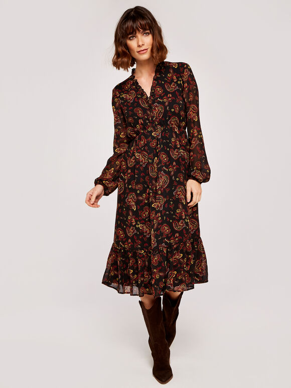 Paisley Long Sleeve Ruffle Midi Dress, Black, large