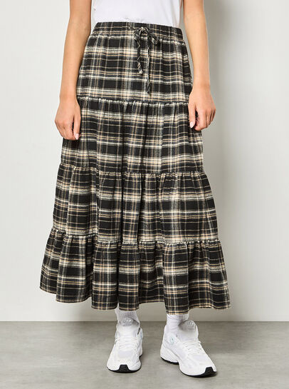 Check Print Tiered Midi Skirt