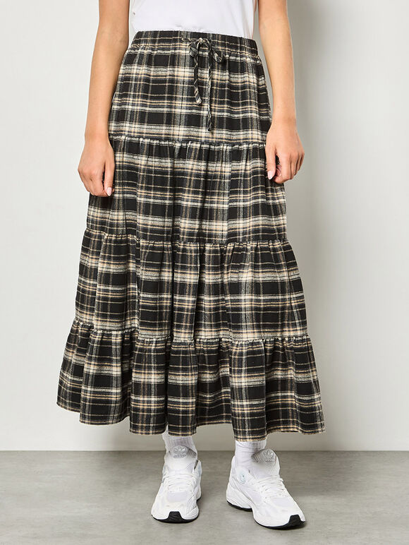 Plaid Tiered Boohoo Skirt, Black, large