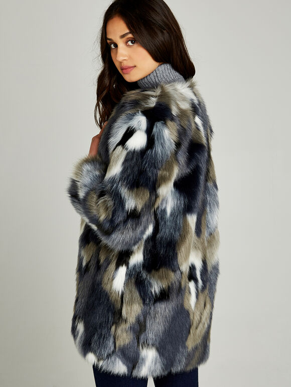Navy Patchwork Faux Fur Jacket, Navy, large