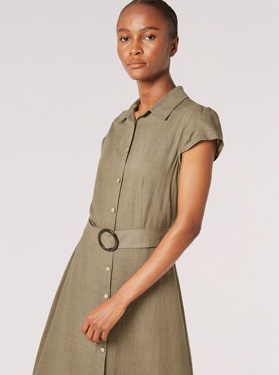 Linen Blend Belted Shirt Midi Dress