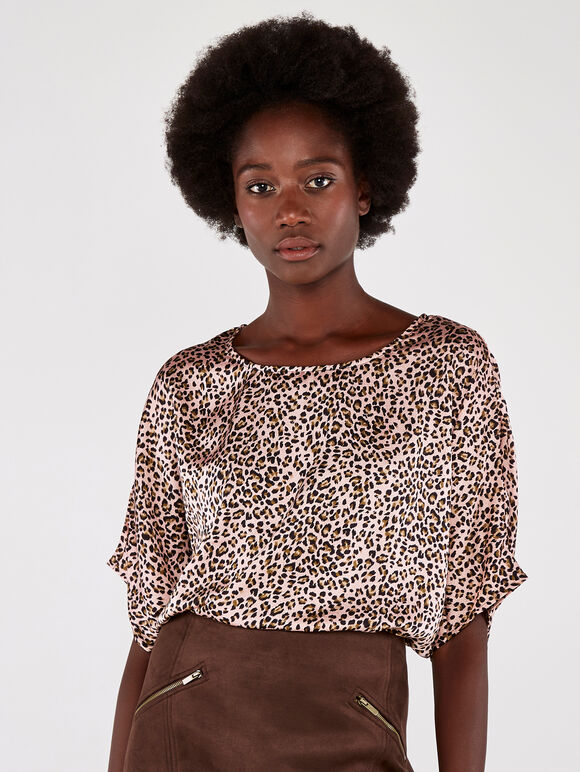 Leopard Oversized Tee Satin Top, Pink, large