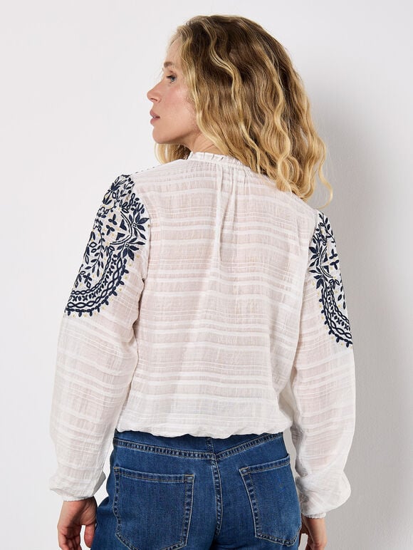 Ruffle Neck Embroidered Blouse, White, large