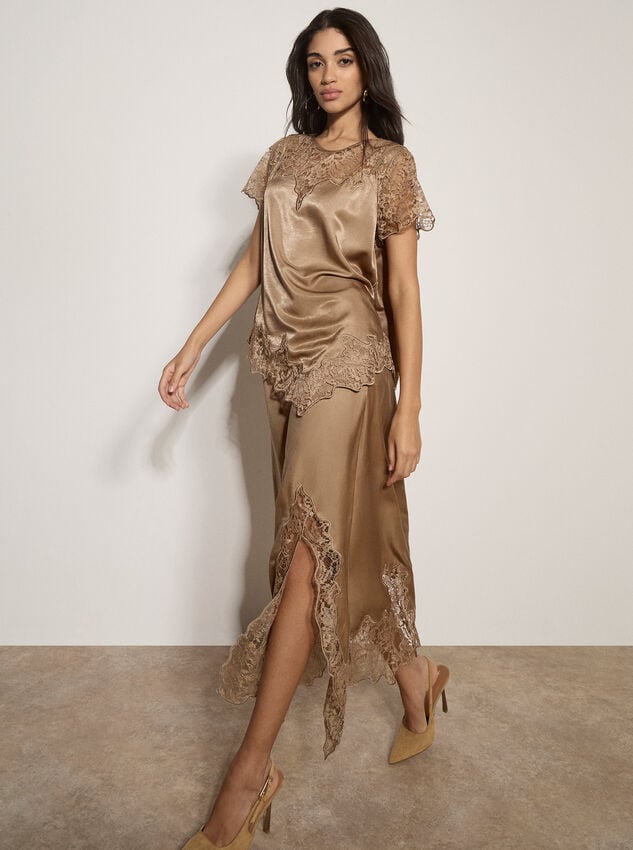 Lace Hem Satin Midi Skirt, Gold, large
