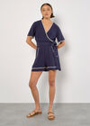 Stitch Detail Linen Blend Wrap Top, Navy, large