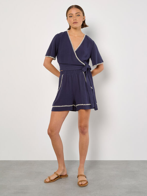 Stitch Detail Linen Blend Wrap Top, Navy, large