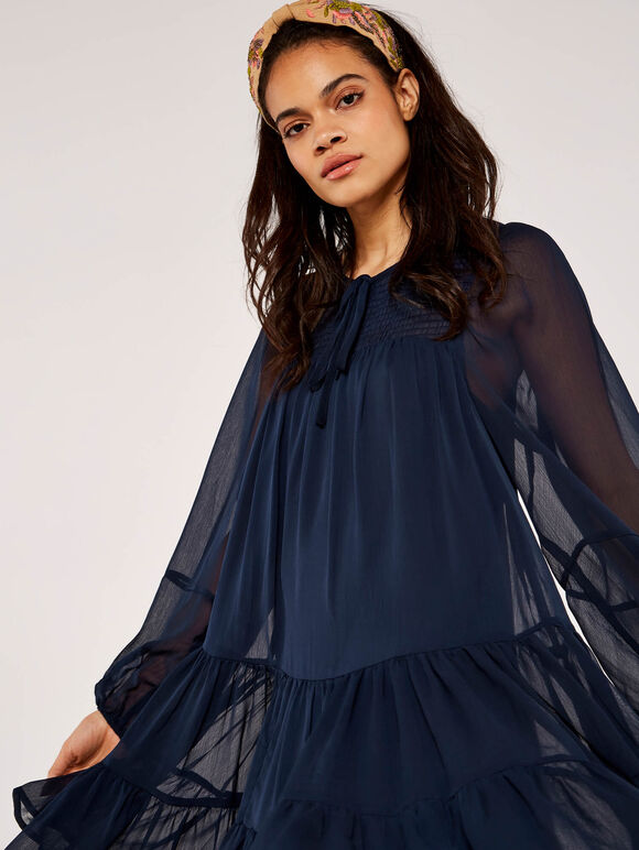 Crinkle Tiered Chiffon Dress, Navy, large