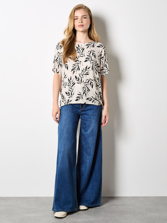 Leaf Print Woven T-Shirt, Stone, large