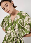 Tropical Leaf Print Satin Mini Dress, Green, large