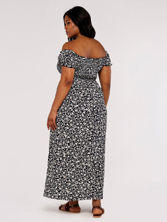 Curve  Floral Shirred Split Dress, Navy, large