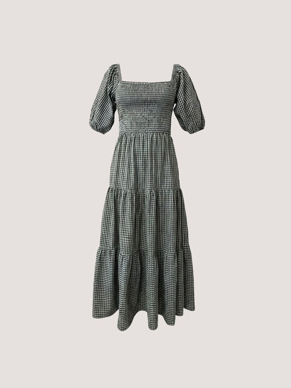 Cotton Gingham Milkmaid Midaxi Dress, Green, large
