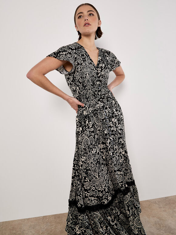 Paisley Print Maxi Dress, Black, large
