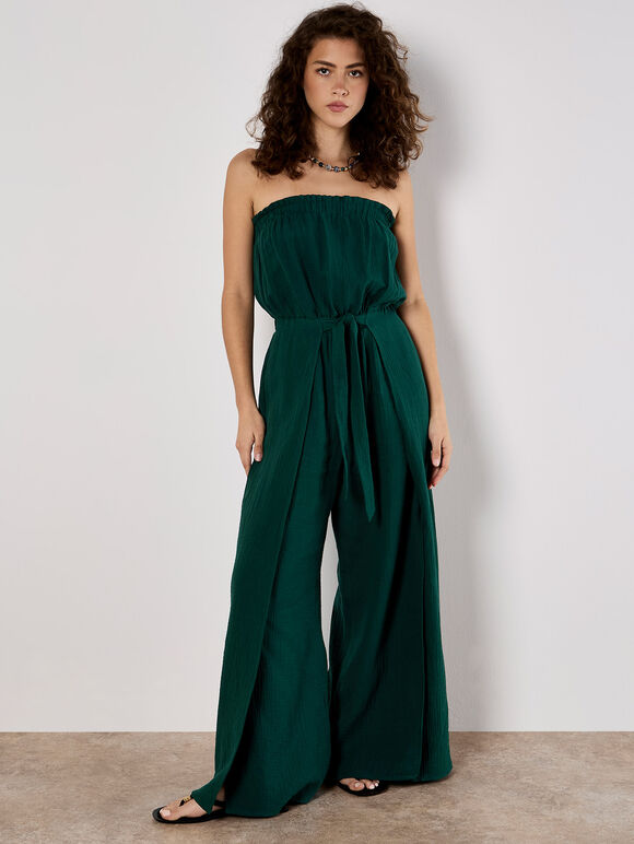 Cotton Wrap Bandeau Jumpsuit, Green, large