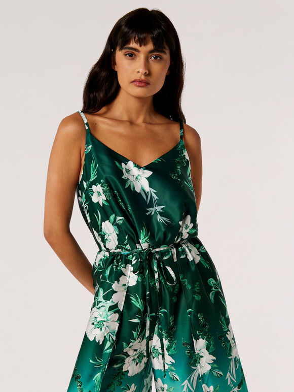 Floral Ombre Satin Split Leg Jumpsuit, Green, large