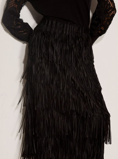 Fringe Trim Tiered Midi Skirt