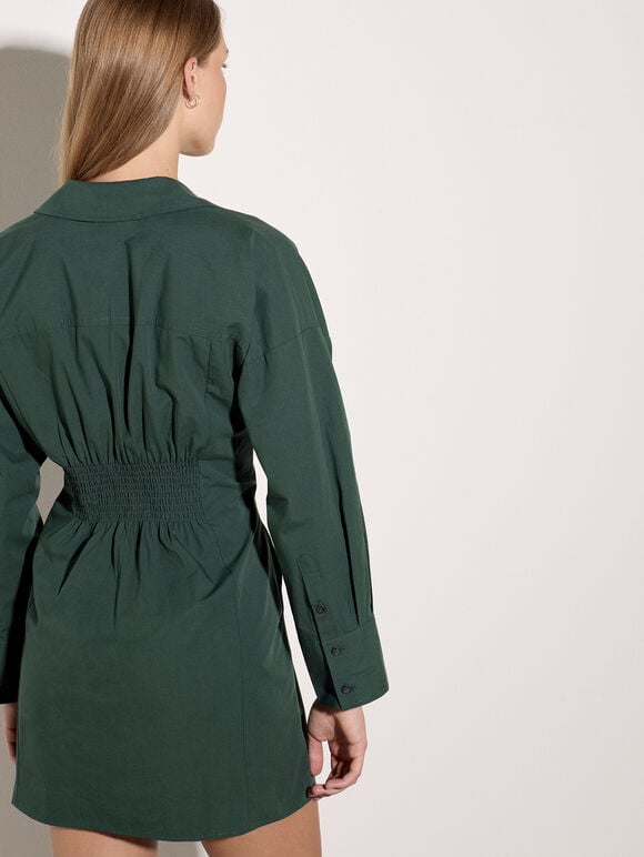 Smocked Shirt Mini Dress, Green, large