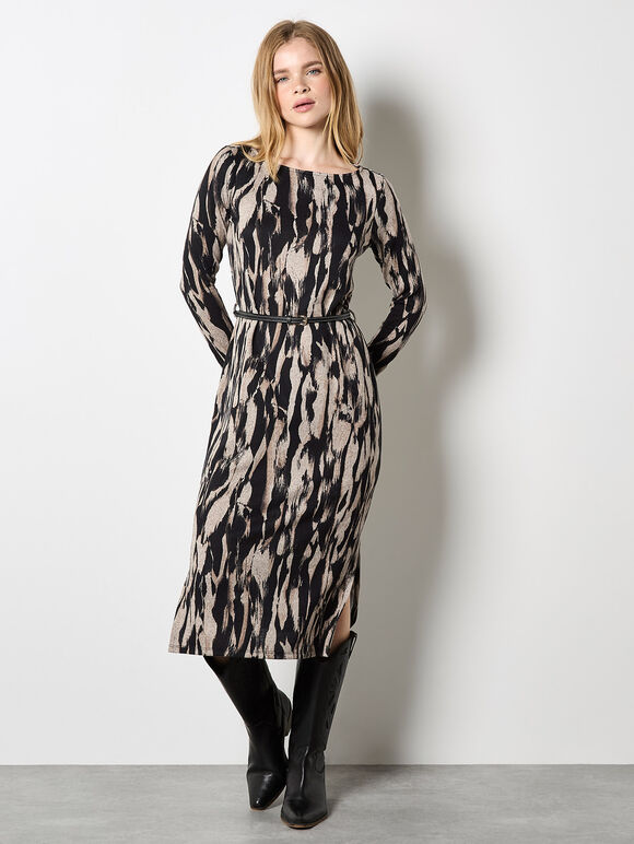 Brushstroke Knitted Midi Dress, Stone, large