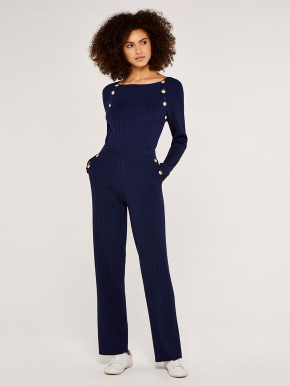 Ribbed Jumper with Gold Buttons, Navy, large