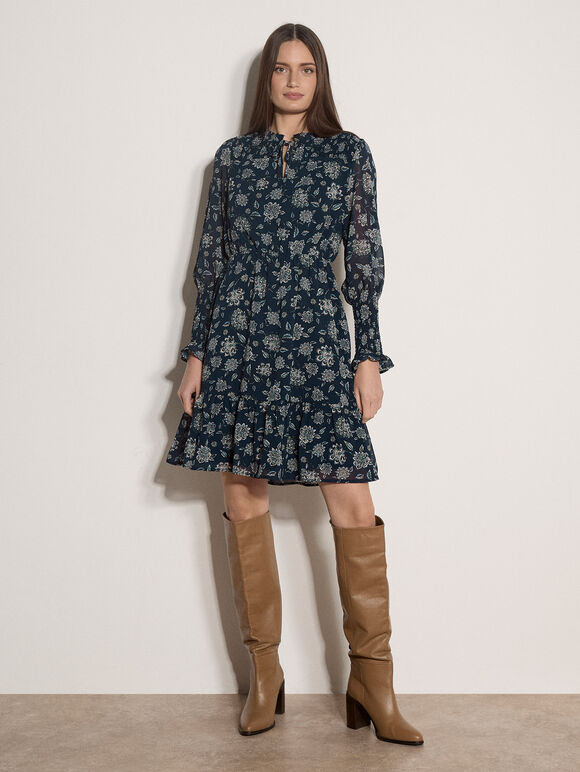 Folk Floral Chiffon Mini Dress, Navy, large