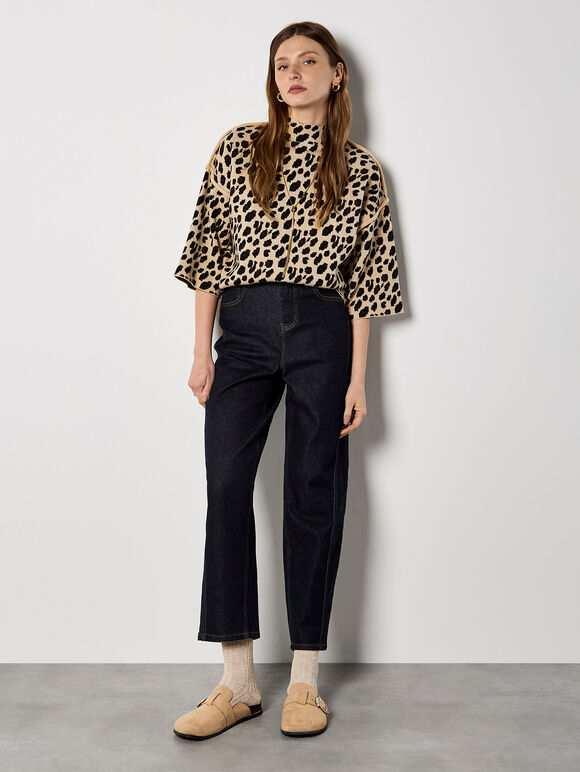 Animal Print Knitted T-Shirt, Stone, large