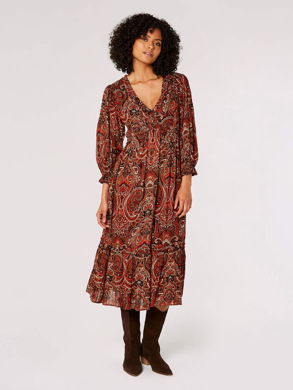 Paisley Ruffle Midaxi Dress, Rust, large