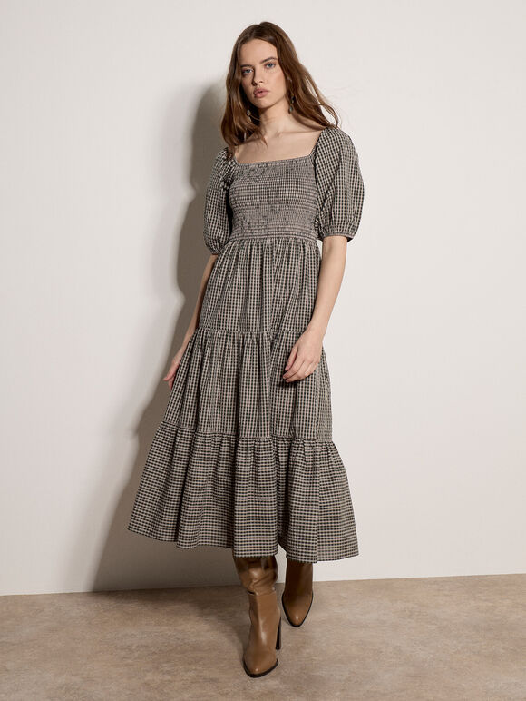 Cotton Gingham Milkmaid Midaxi Dress, Green, large