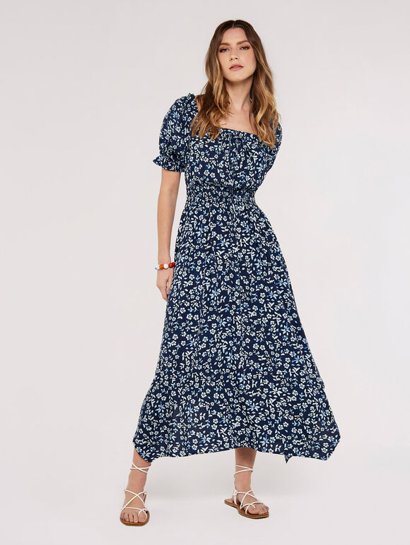 Sarasa Floral Milkmaid Midi Dress, Navy, large